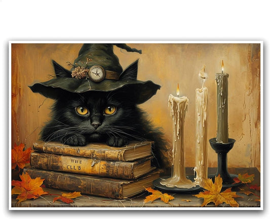 JFHCQJPK Vintage Halloween wall decoration black cat and magic book suitable for home bedroom living room decoration dark classic art witch wall decoration28x40in Frameless