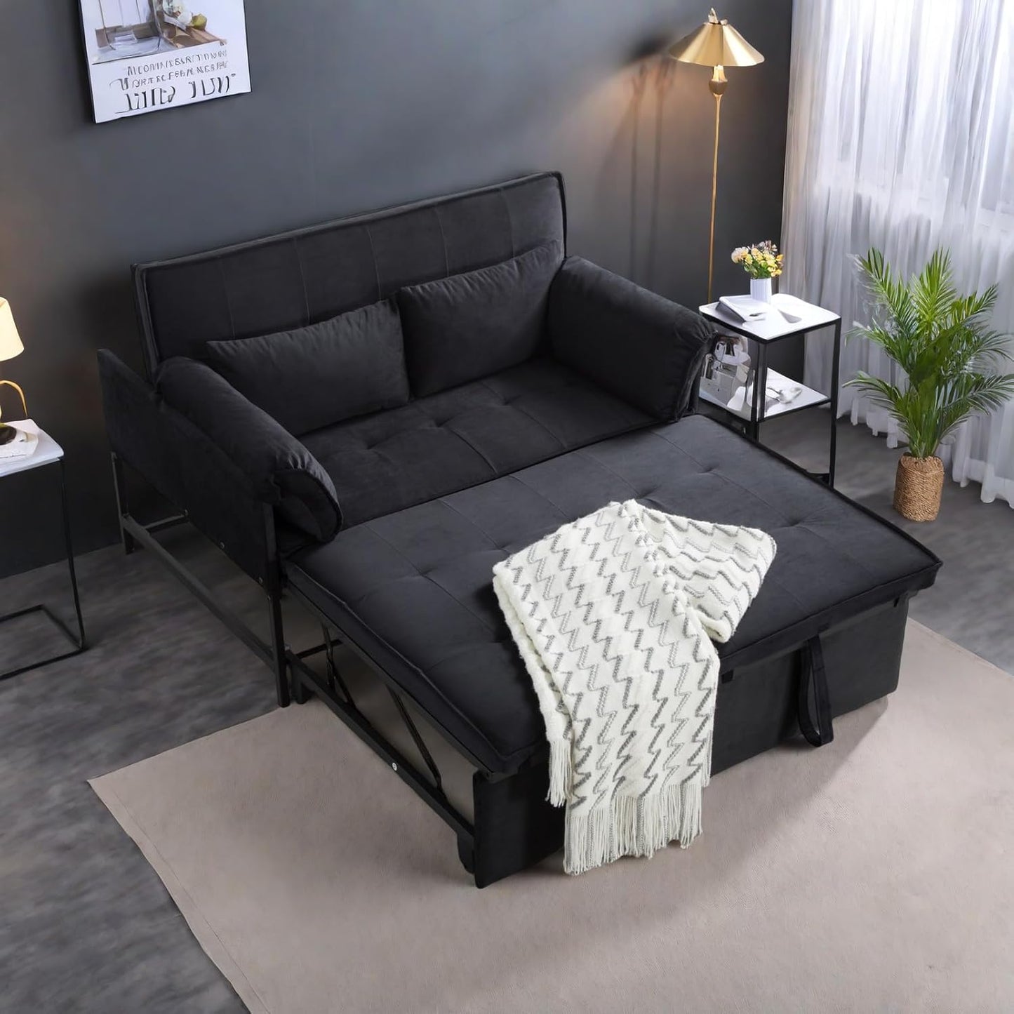 Pull Out Sofa Bed, 46” Futon Couch with Convertible Sleeper, Velvet Pull Out Couch with Adjustable Backrest, Small Sofa Bed with 2 Pillows for Living Room Office Guest Room, Black