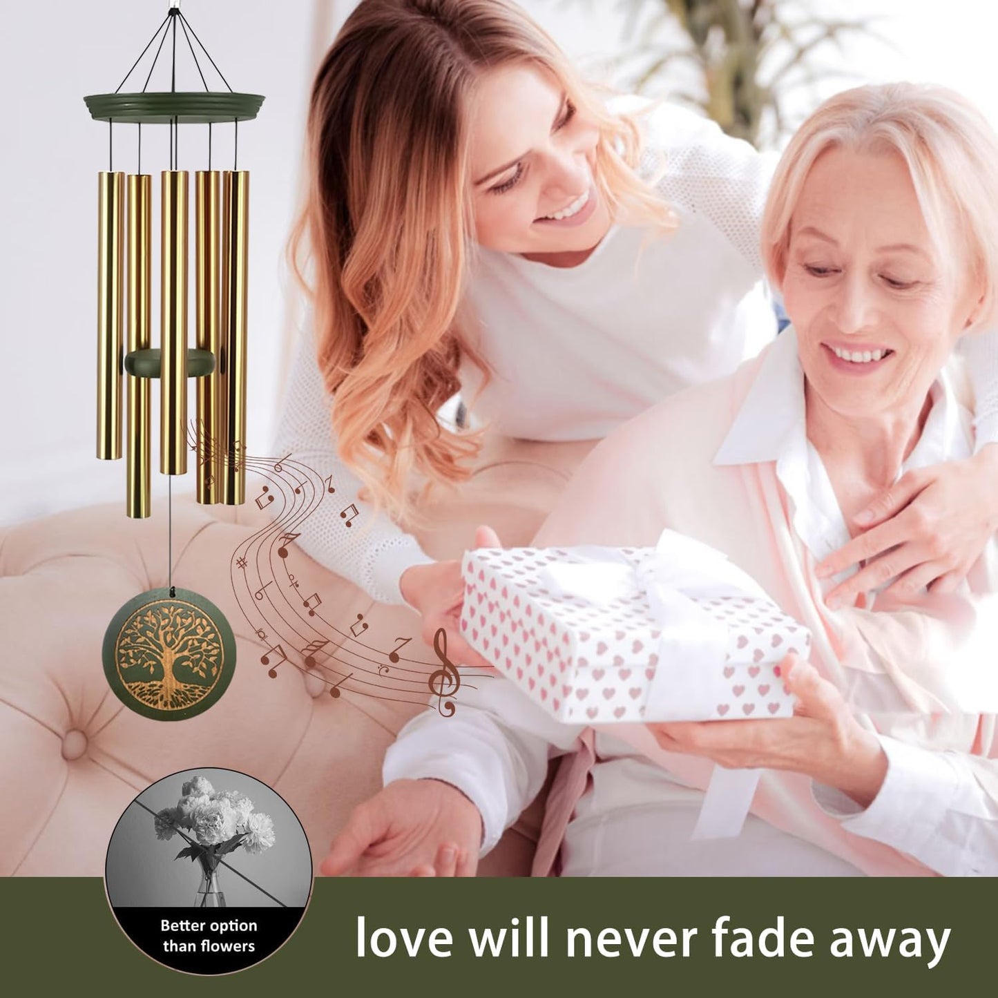 Memorial Wind Chimes for Outdoor & Gifts – Engraved Tree of Life, 36” Durable Metal Chimes with Soothing Melodies, Waterproof & Customizable Tones