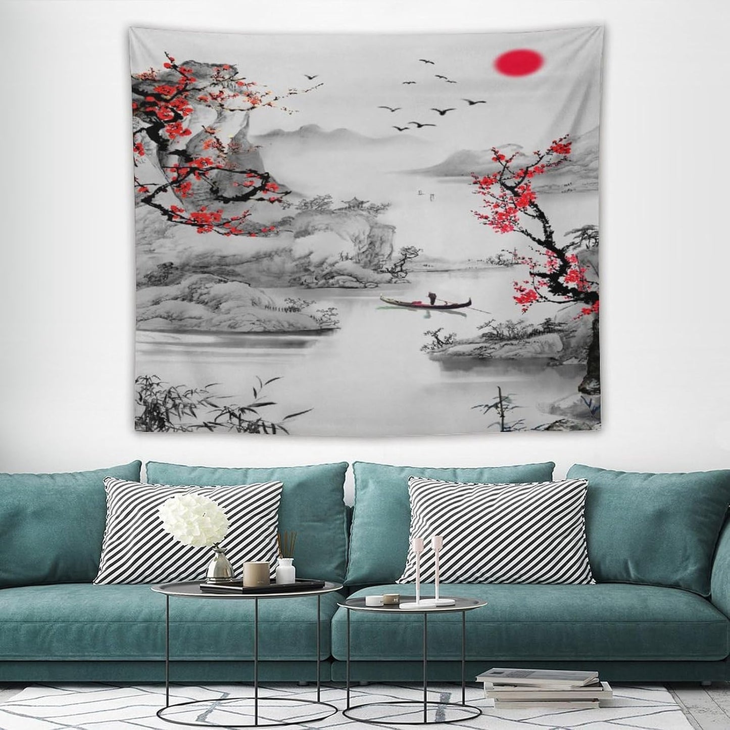 Cherry Blossoms Tapestry,Japanese Red Landscape Watercolor Abstract Art Tapestry,Asian Japanese Wall Tapestry, Nature Landscape Tapestries for Bedroom Living Room Decor 60"x50"