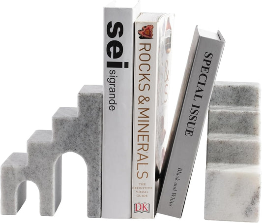 Natural Marble Book Ends for Shelves, Decorative Bookends for Heavy Books, CastleGuard Bookend Book Holder Stopper for Home Office Desk Bookshelf Decoration, Set of 2 (Mist Grey)