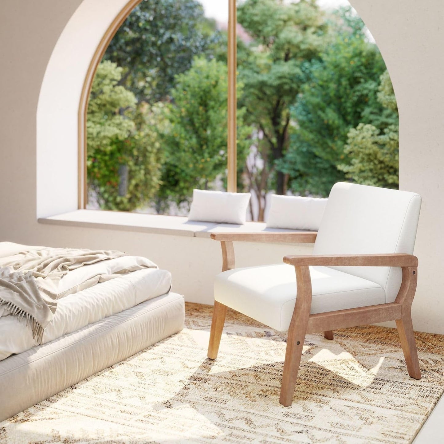 Beige Accent Chair Set of 2 Mid Century Modern Living Room Armchair Wood Sitting Chair Linen Fabric Upholstered Side Chair for Bedroom Cream