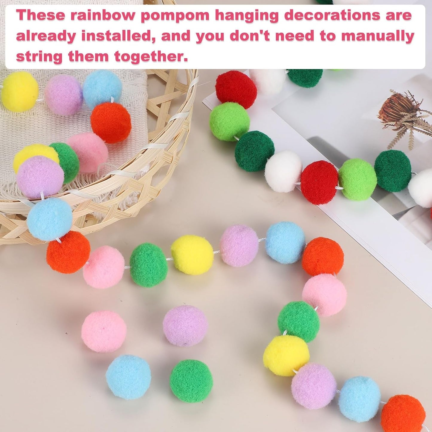 PATIKIL 26Ft Pom Pom Garland Decorations, 4Pcs Colorful Felt Ball Garland Banner Cute Rainbow Pompom Hanging Decorations for Tree Ornaments Homes Decor, Red/White/Blue
