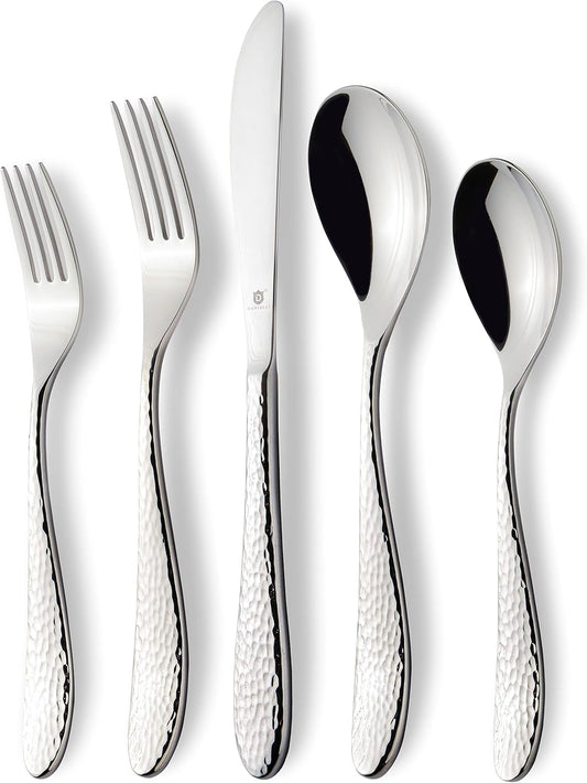 Hammered Silverware Set | Premium 18/10 Stainless Steel Flatware Service for 12 | Heavy-Duty & Dishwasher Safe | Built to Last (60-Piece, Marettimo Hammered)