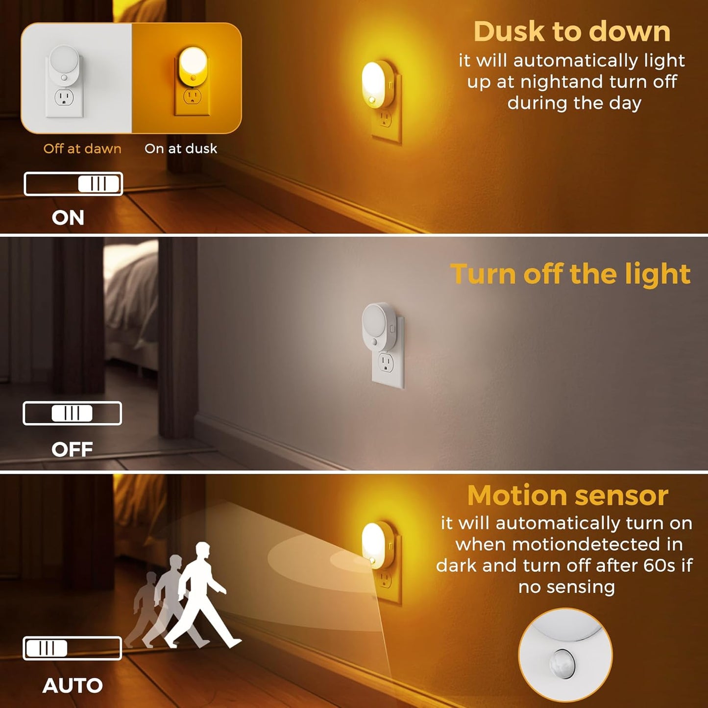 L LOHAS LED Motion Sensor Night Light,[2-PACK] Night Lights Plug into Wall,Motion Sensor and Dusk to Dawn Sensor,2000K Amber Light,Brightness Adjustable,Nightlight for Bathroom Hallway Halloween