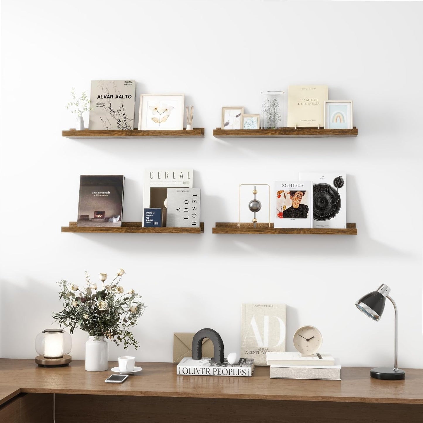 Picture Ledge Shelf, Wood Floating Shelves Set of 4, 24 inch Picture Ledge Shelves, Photo Ledge Nursery Book Shelves Wall Mounted for Living Room Kids' Room Bedroom, Color Walnut