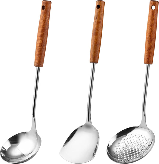 FJNATINH Wok Spatula - Ladle - Skimmer - Stainless Steel Wok Tools,Wok Utensil,Mirror Polished Stainless Steel Cooking Utensils 14.6-15.2" Kitchen Utensils Cookware, Pack of 3
