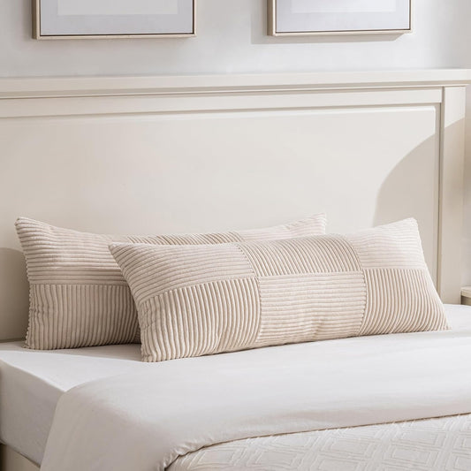 Fancy Homi Set of 2 Tan Boho Long Lumbar Body Decorative Throw Pillow Cover 14x36 Inch for Bed Couch Bedroom Bench, Soft Patchwork Corduroy Textured Pillow Case, Rustic Farmhouse Room Décor