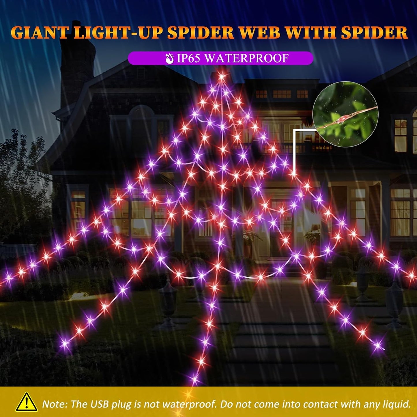 Halloween Spider Web Lights 550 LED Lighted Spider Web 16.4Ft Giant Halloween Decorations Light up with 8 Lighting Modes Waterproof & Timer for Indoor Outdoor House Haunted Yard Decor, Orange & Purple