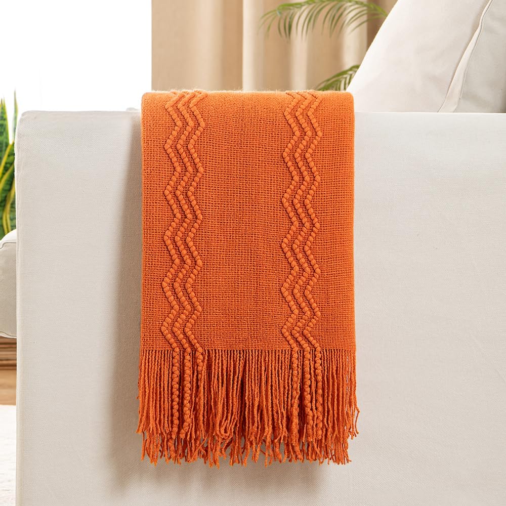 MIULEE Burnt Orange Knitted Throw Blanket for Couch Boho Textured Cozy Woven Blanket with Tassels for Sofa Chair Bed Living Room Fall Home Decor Farmhouse Acrylic Wave Pattern 50"x60"