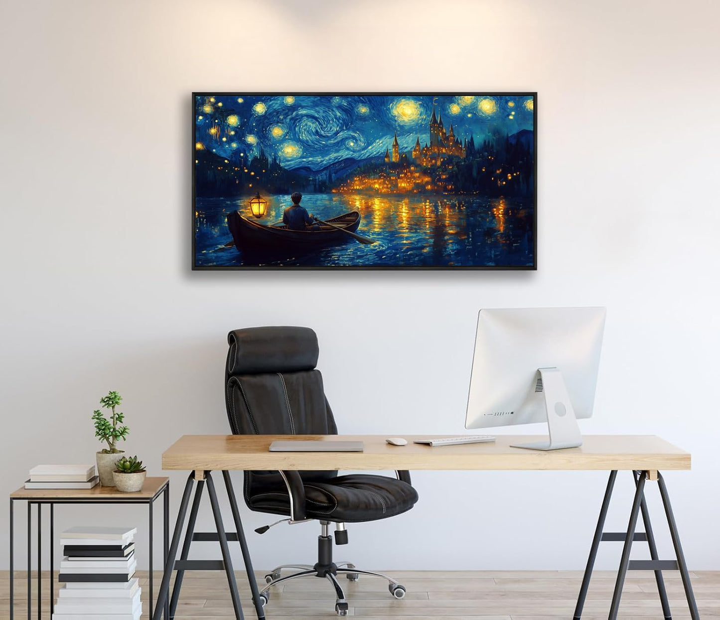 Wall Art Canvas Print Starry Night Over the Rhone by Van Gogh 24 x 48 inches Framed Home Artwork Decor Canvas Art Painting Living Room for Bedroom Office Wall Décor