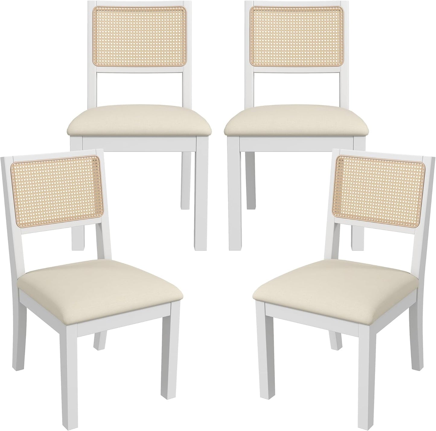 Westice Rattan Dining Chairs Set of 4, Farmhouse Natural Dining Room Chairs with Upholstered Cushion, Wood Armless Chairs for Kitchen/Restaurant, White