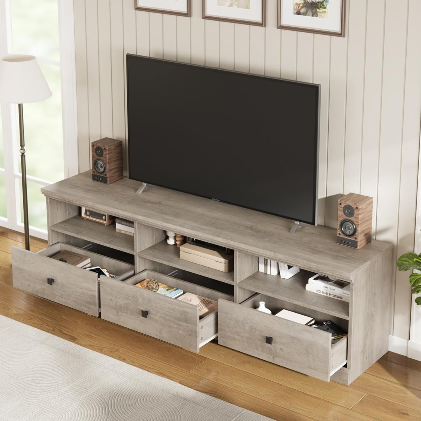 IDEALHOUSE 70in TV Stand for TVs up to 80", Mid Century Modern Entertainment Center with Storage Drawer and Open Shelves, TV Console Media Cabinet for Living Room, Bedroom, Rustic Gray