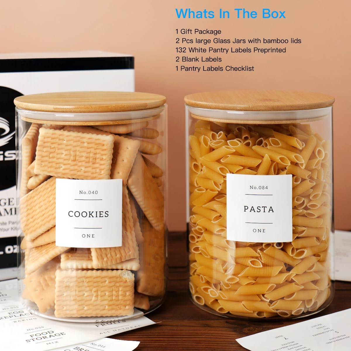 Set of 2 Large Glass Flour and Sugar Containers - 100 Fl oz Thicken Glass Storage Jars with Airtight Bamboo Lid and 132 Kitchen Pantry Labels - Big Clear Rice Containers Farmhouse