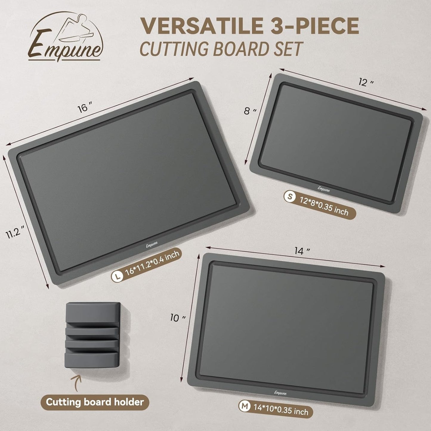 Empune Plastic Cutting Board Set, Recycled Plastic Cutting Boards for Kitchen (Set of 3), Dishwasher Safe Large Chopping Board with Holder, Non-slip Feet and Juice Grooves, Nonporous, Grey