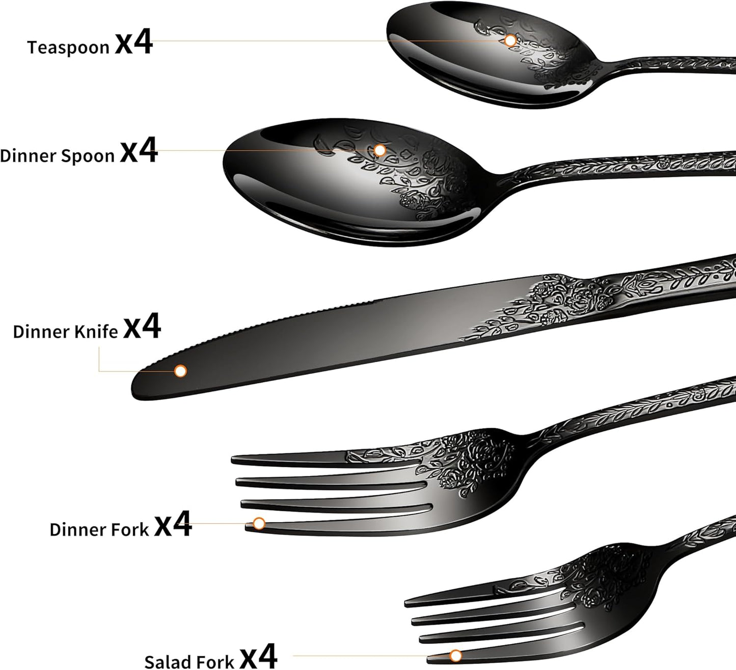 Floral 20 Pcs Black Silverware Set for 4, Food Grade Stainless Steel Flatware Set with Rose Flower Embossed Design, Eating Utensils Sets Include Fork/Knife/Spoon, Reusable Cutlery Set, Dishwasher Safe