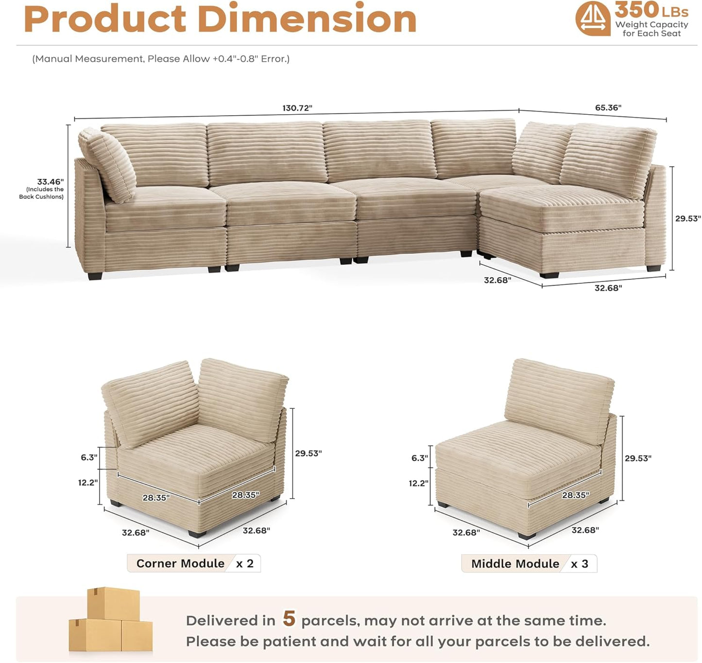 ovios Sectional Sofa Couch with L-Shape Chaise Oversized, Comfy Modular Cloud Couches with Deep Seat, Modern Upholstered Plush Corduroy Sofas Set for Living Room, 5-Seater, Beige