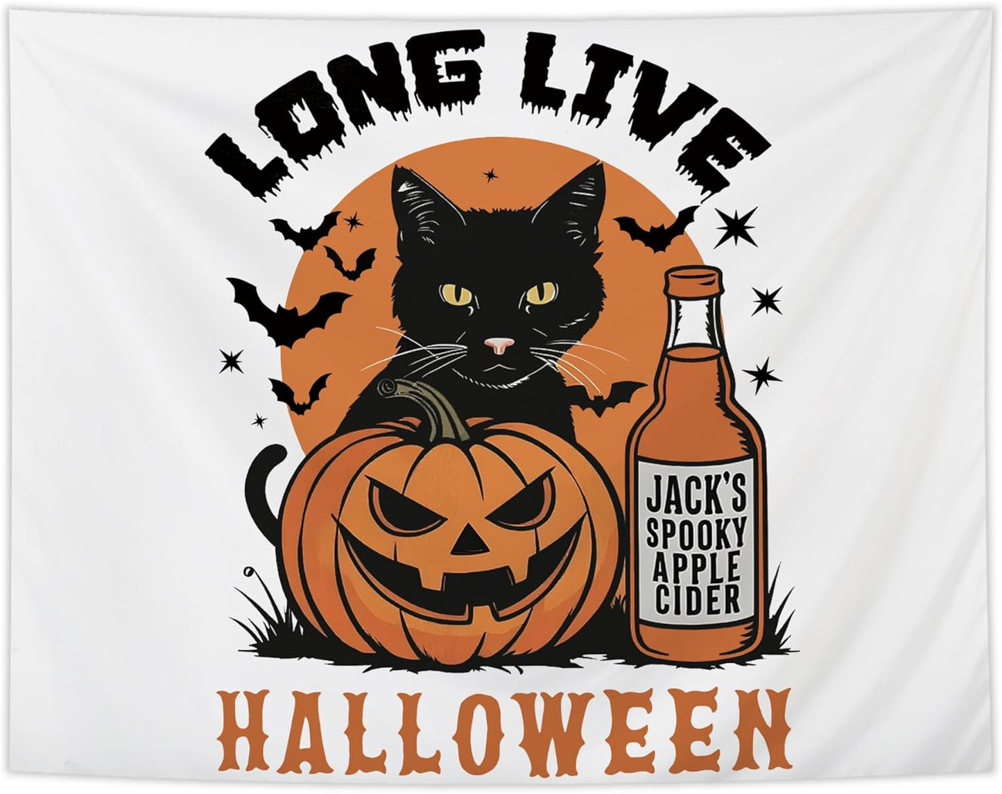NATSUNO Halloween Tapestry, Long Live Halloween Wall Tapestry for Bedroom, Trendy Black Cat Pumpkin Apple Cider and Bats Tapestries Wall Hanging for Home Living Room Decor, 50x60 Inches