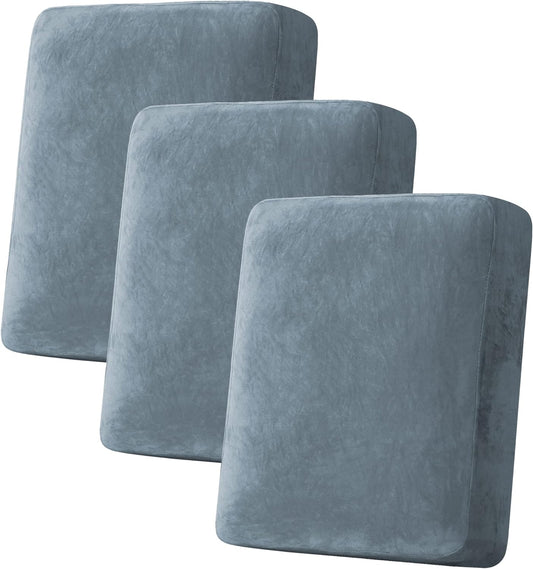 H.VERSAILTEX Velvet Stretch Couch Cushion Cover Plush Cushion Slipcover for Sofa Cushion Furniture Protector Seat Cushion Sofa Cover (3 Piece Sofa Cushion Covers, Stone Blue)