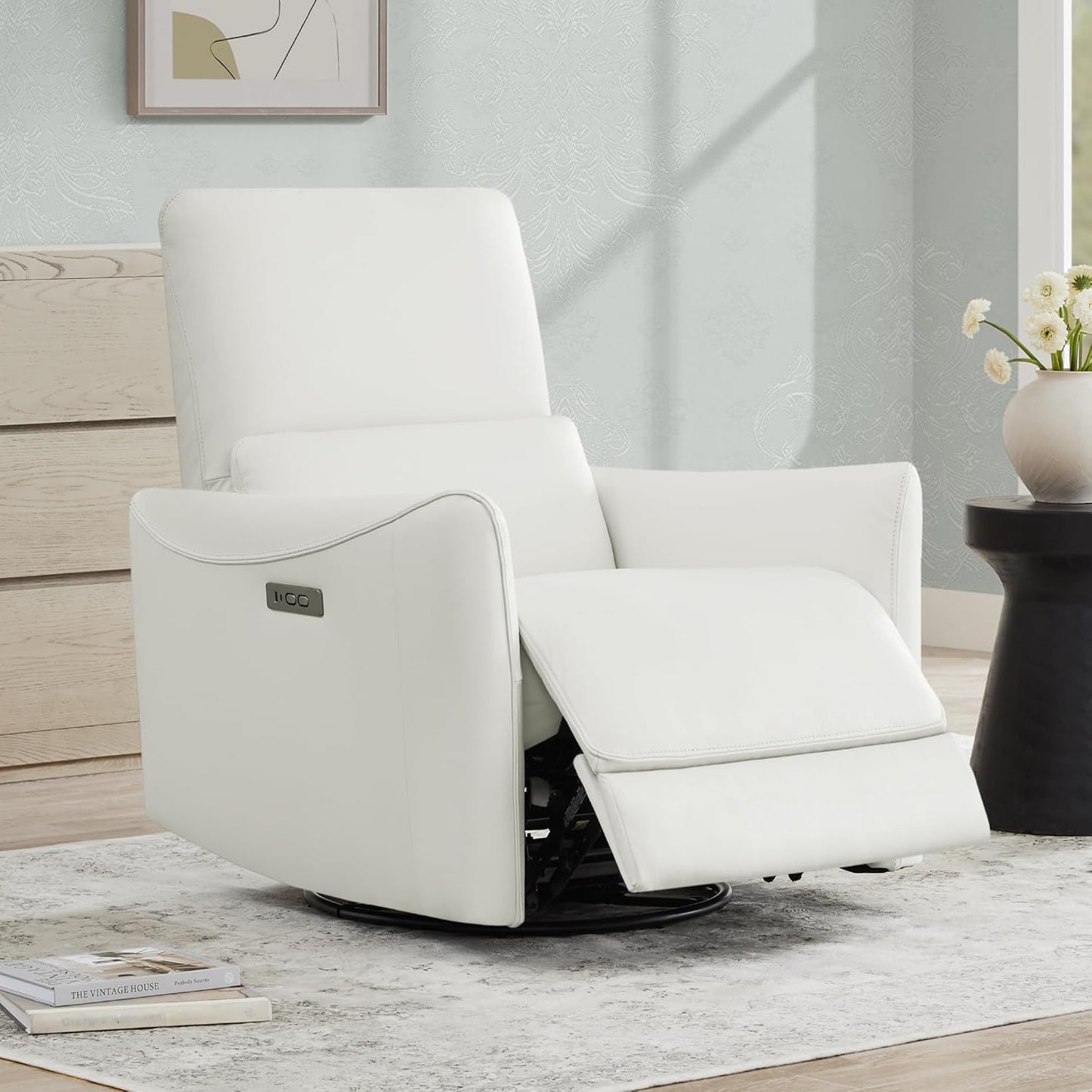 CHITA Power Recliner Chair Swivel Glider, FSC Certified Upholstered Faux Leather Living Room Nursery Reclining Sofa Chair with Lumbar Support, White