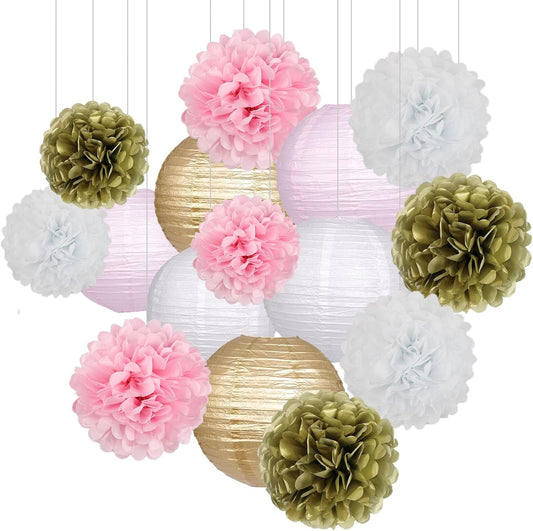 Pink Gold Party Decorations, Pink Gold Paper Lanterns and Pom Poms Flowers for Birthday Party Baby Showers Engagement Tea Party Decor 15PCS