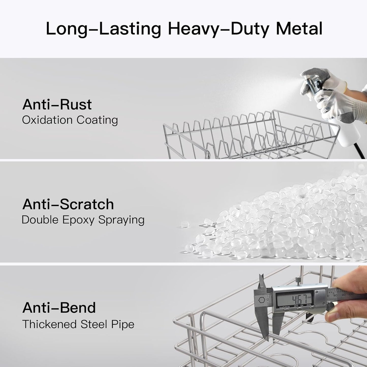 BOOSINY 2 Tier Grey Large Stainless Steel Dish Drainers Drying Rack for Kitchen Counter with Drainboard, Rust Proof Metal, Space Saving, Modern Aesthetic, Compact Plates Strainers with Extra Mat