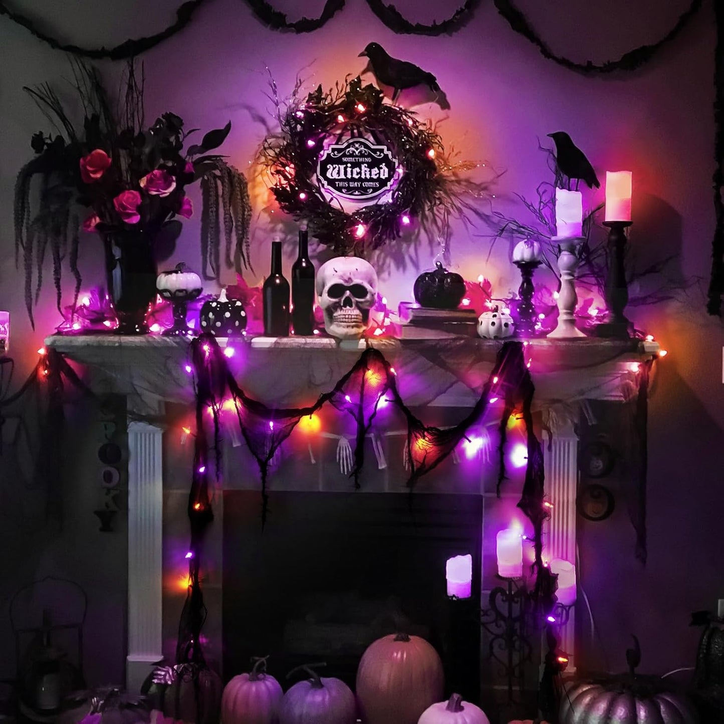 Halloween Horror Atmosphere Lights, Orange&Purple LED String Lights with 9.9FT Creepy Black Gauze, Battery Powered with Timer & 8 Flashing Modes (2 Pack Orange & Purple)