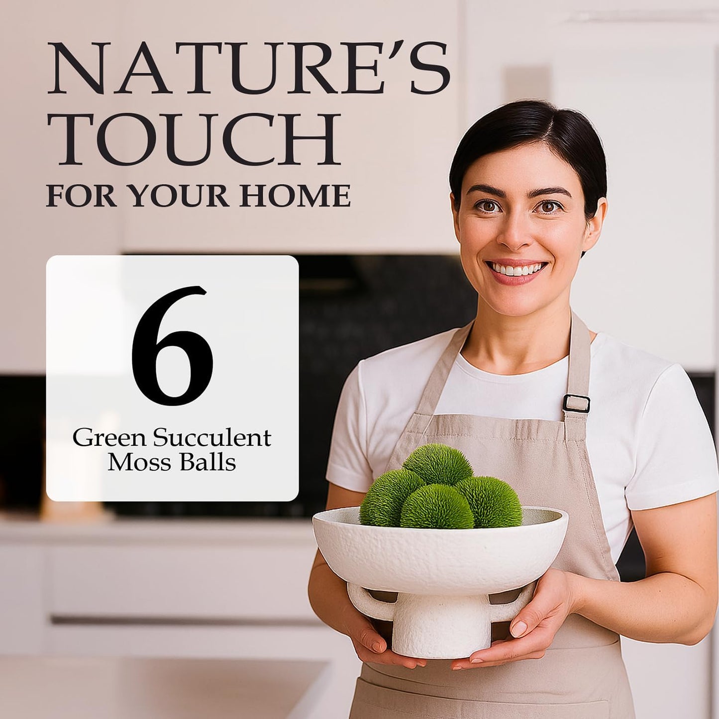 Luxurious White Textured Ceramic Bowl and Greenery Set,12.5x10.5 Inch Pedestal Decorative Bowl, with 6 Green Succulent Moss Balls, Counter Top, Farmhouse Table Centerpiece, Living Room, Kitchen Decor