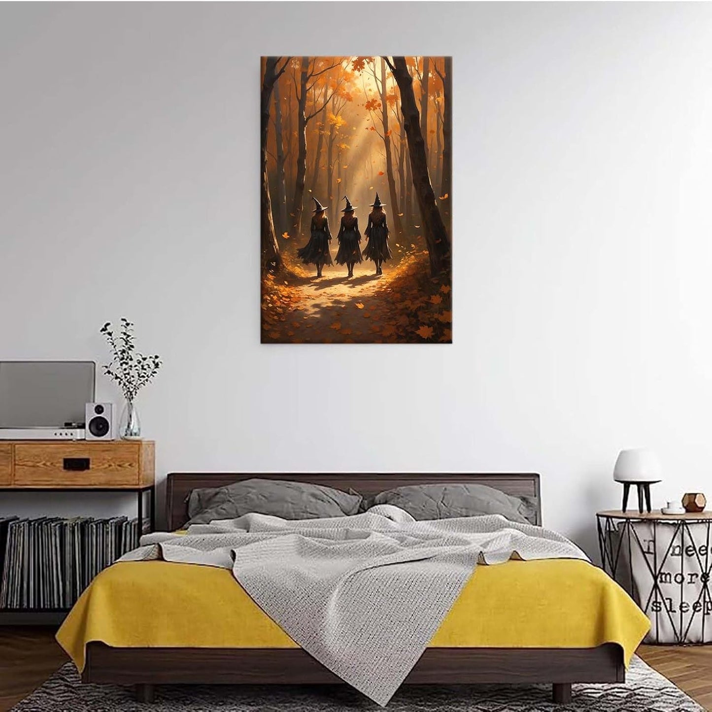 Three witches walking in the forest in autumn canvas painting gothic poster halloween print country witch wall art for home decoration28x40in Wood Framed