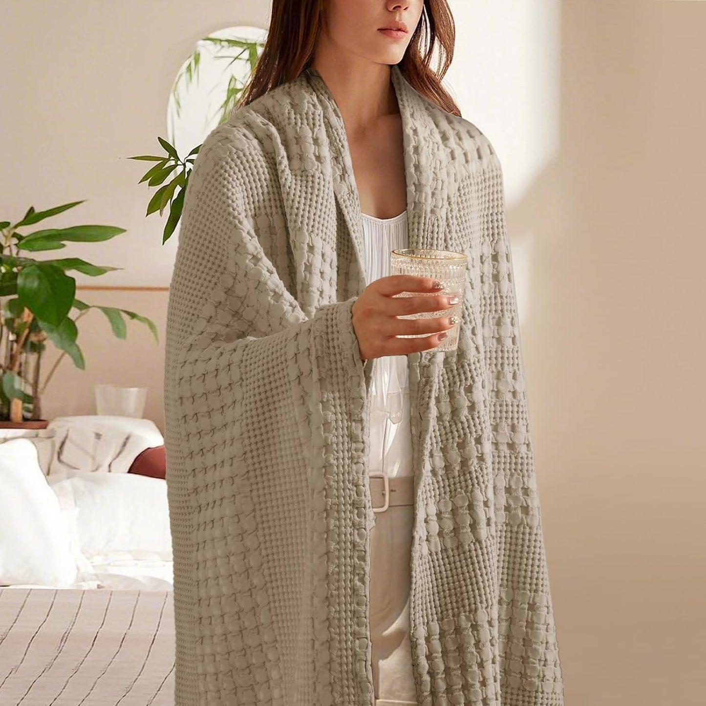 PHF 100% Cotton Waffle Weave Throw Blanket, Soft Lightweight Breathable Cozy Summer Throws for Couch Bed Sofa, Luxury Aesthetic Woven Blanket for Home Decor & Office, 50"x60", Simply Taupe