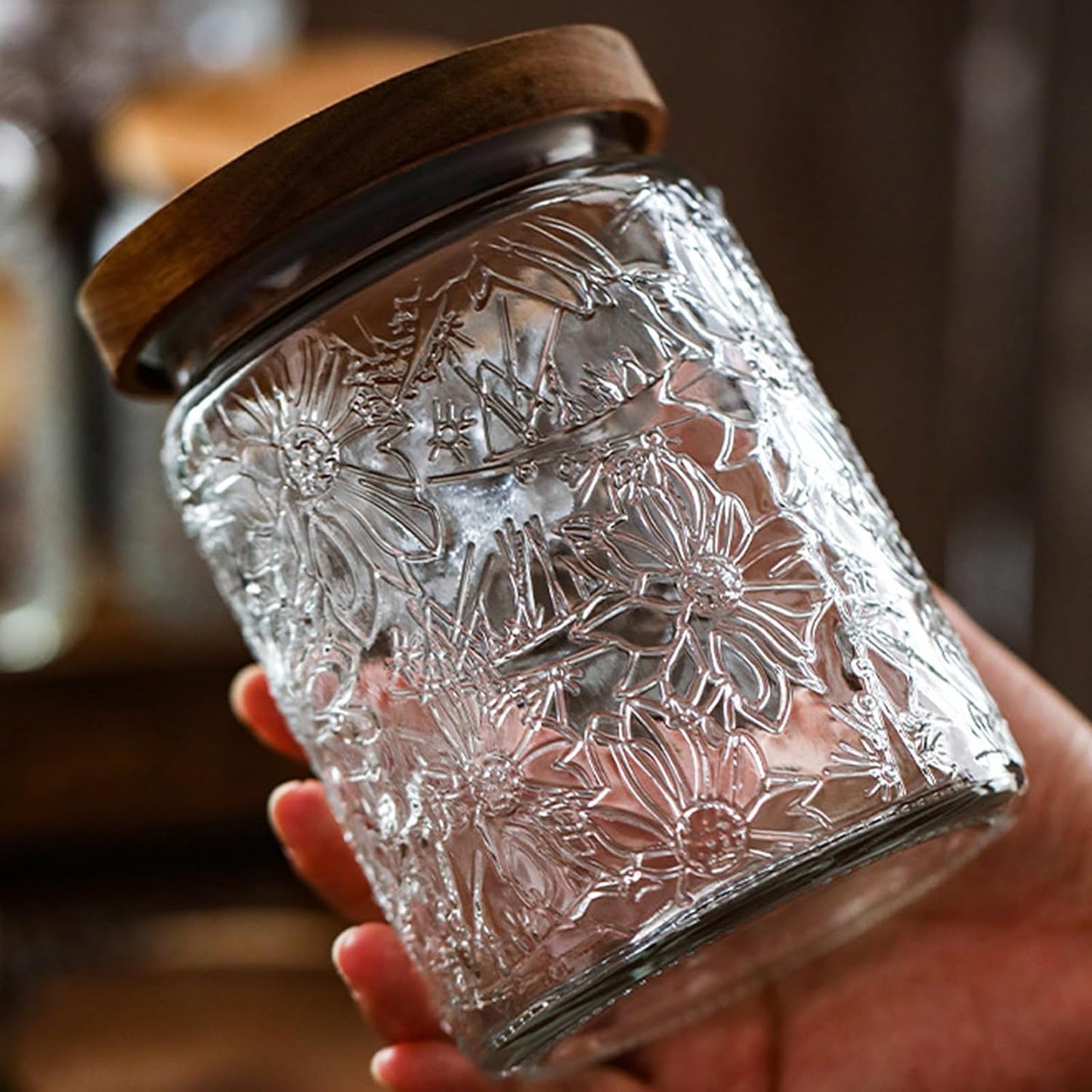 Vintage Glass Jars with Wooden Lids, 24 oz Airtight Glass Food Storage Containers Sets for the Kitchen, Sugar Coffee Tea Cookie Candy Spice Pasta