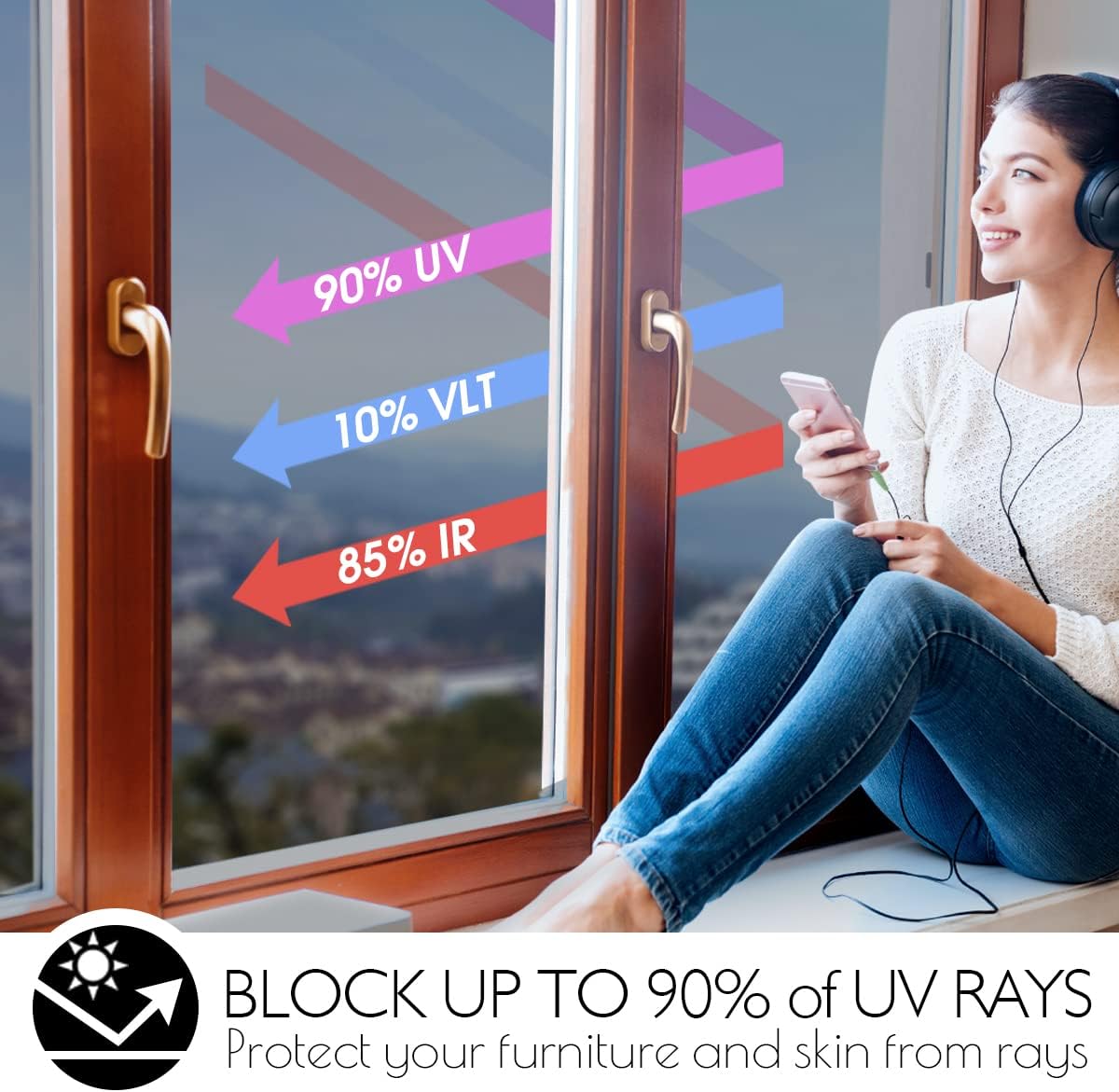 HIDBEA One Way Privacy Window Film, Daytime Mirror Reflective Heat Control UV Sun Blocking Non-Adhesive Static Cling Window Tint for Home and Office (Black-Silver, 35.4 Inch x 16.4 Feet)