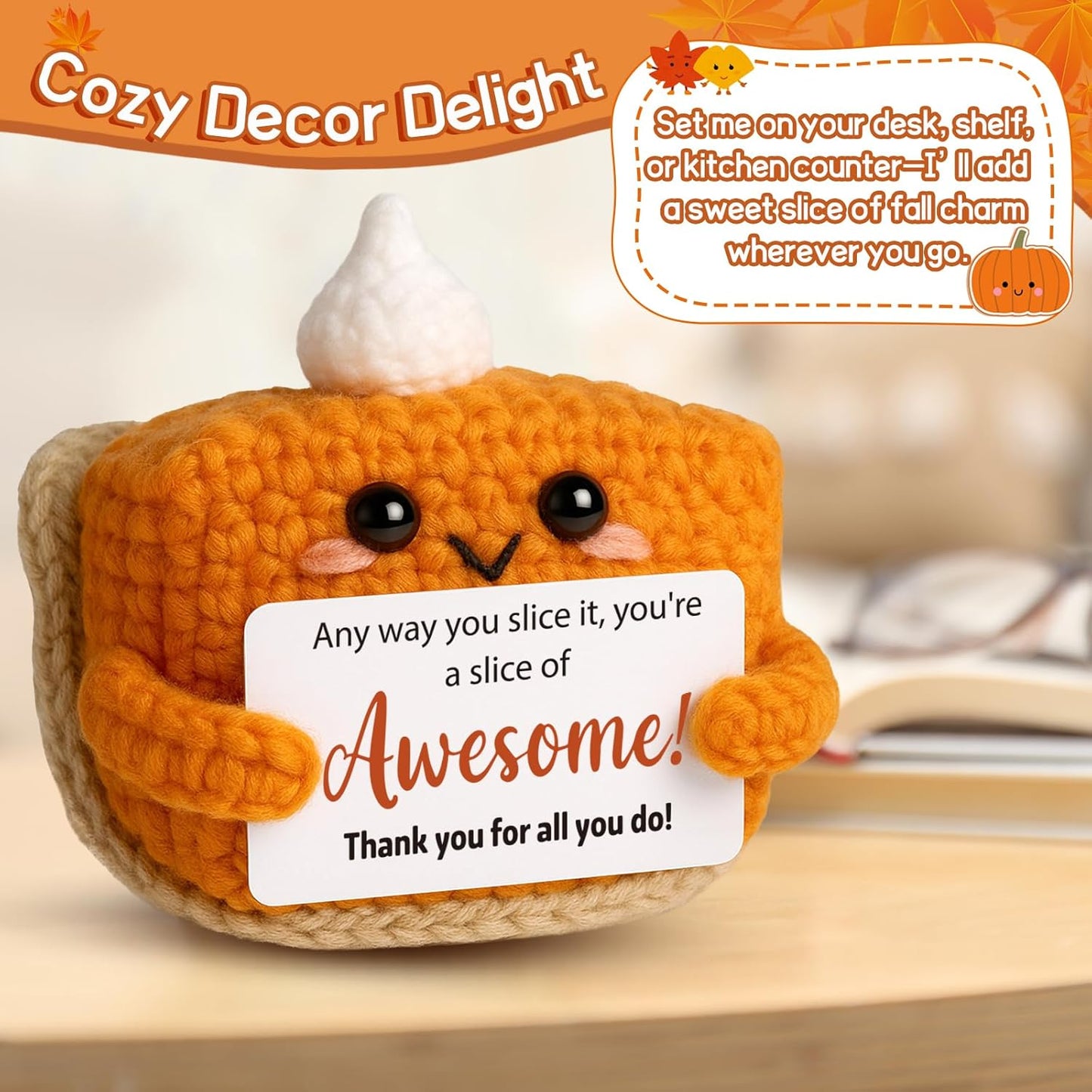 Crochet Pumpkin Pie – Fall Decor Handmade Knitted Mini Thank You Gift, Cute Appreciation Gift for Women, Daughter, Grandma Teacher, Coworker, Employee, Volunteer, Thanksgiving Desk Decor
