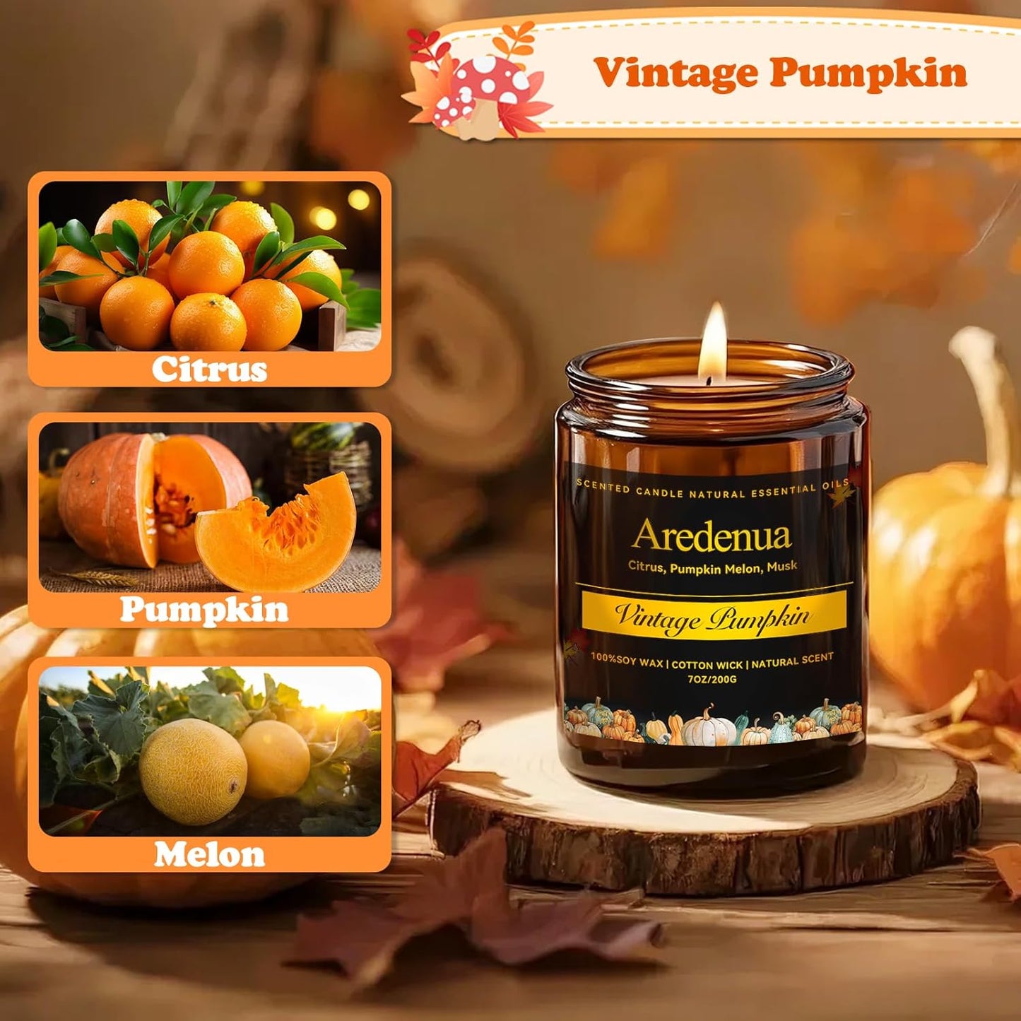 Fall Candles - Vintage Pumpkin Candle | Halloween Candles Pumpkin Scented, 7oz Autumn Soy Candle for Home Scented, 50 Hours Burn Time, Halloween Fall Thanksgiving Gifts for Women Men