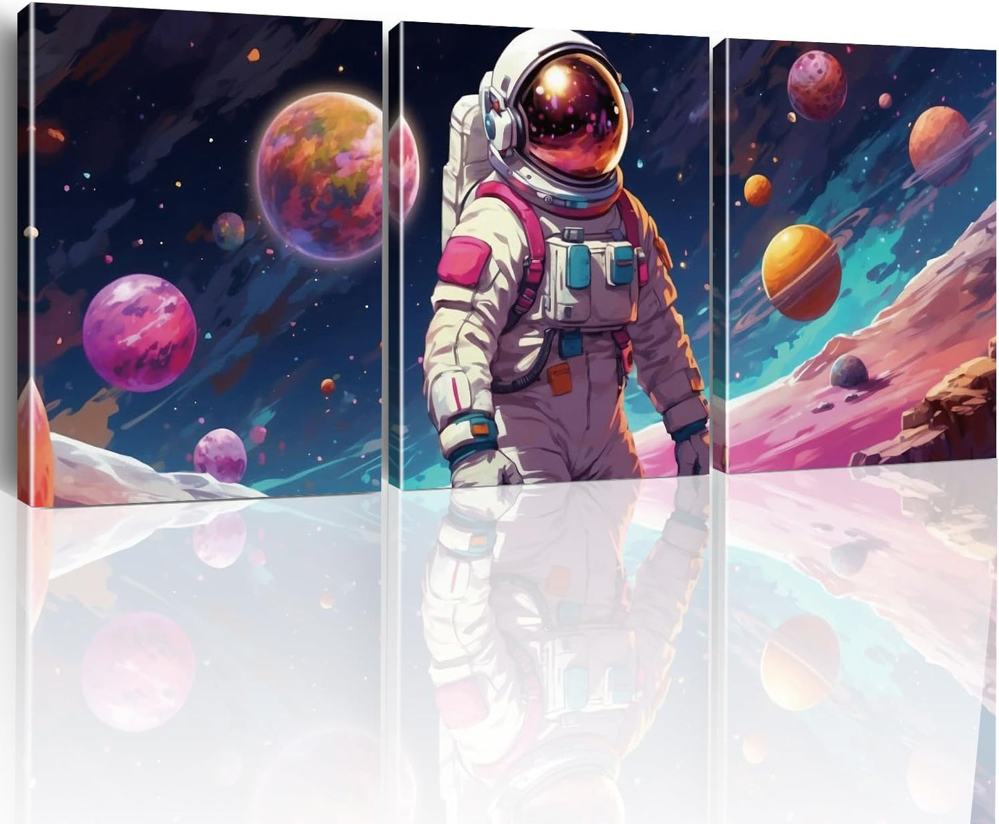 Outer Space Wall Art - Astronaut Spaceman Planets Canvas Prints Posters, Framed Artwork for Space Room Boys Bedroom Playroom Home Decorations, 3 Panels