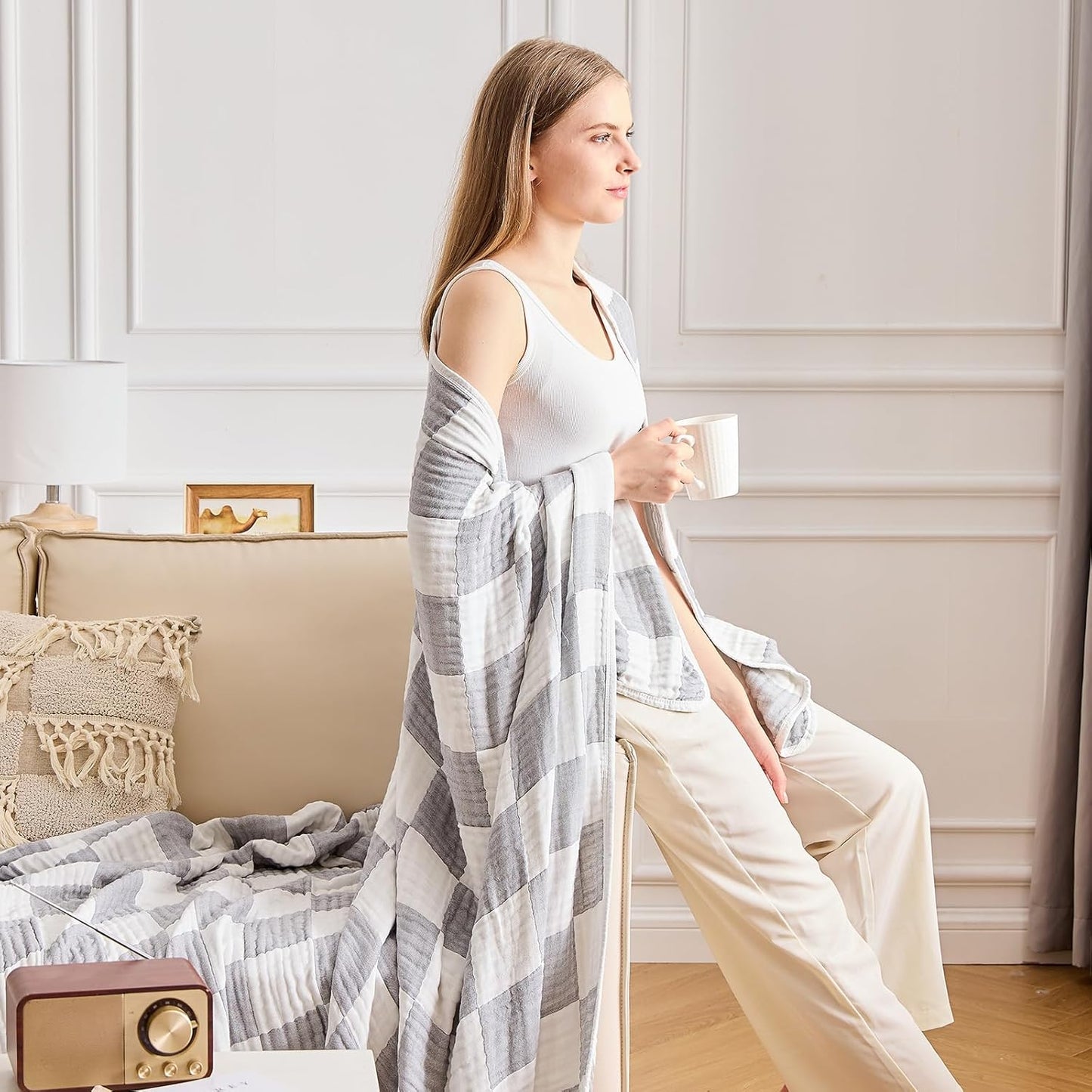 EMME Checkered Throw Blanket Cotton for Couch Soft Muslin Blankets 50"x60" Lightweight Breathable Cooling Soft All Season Gauze, Light Grey