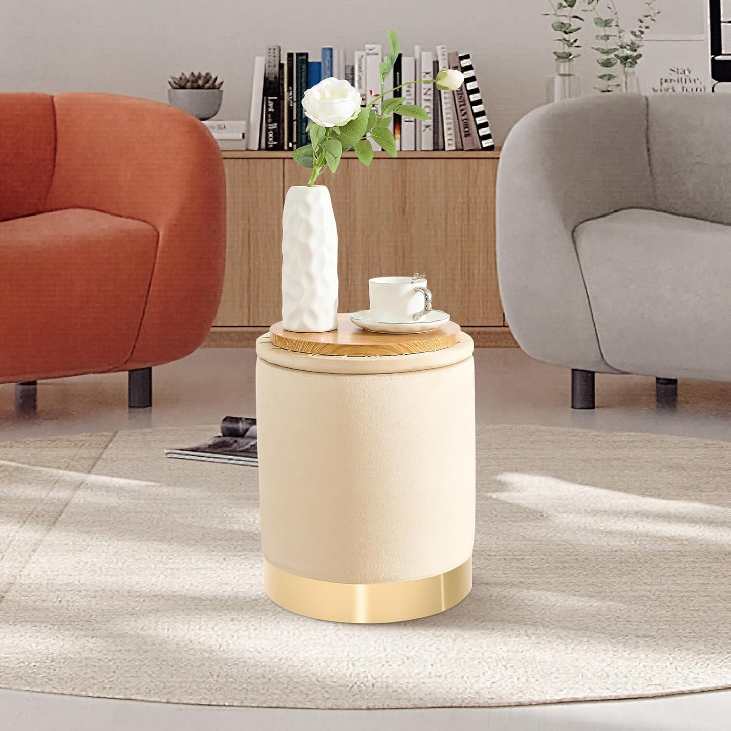 Round Ottoman with Storage Set of 2, Upholstered Velvet Storage Ottomans, Vanity Stool, Multifunctional Ottomans, Coffee Table Foot Rest Ottoman for Living Room Bedroom, Khaki