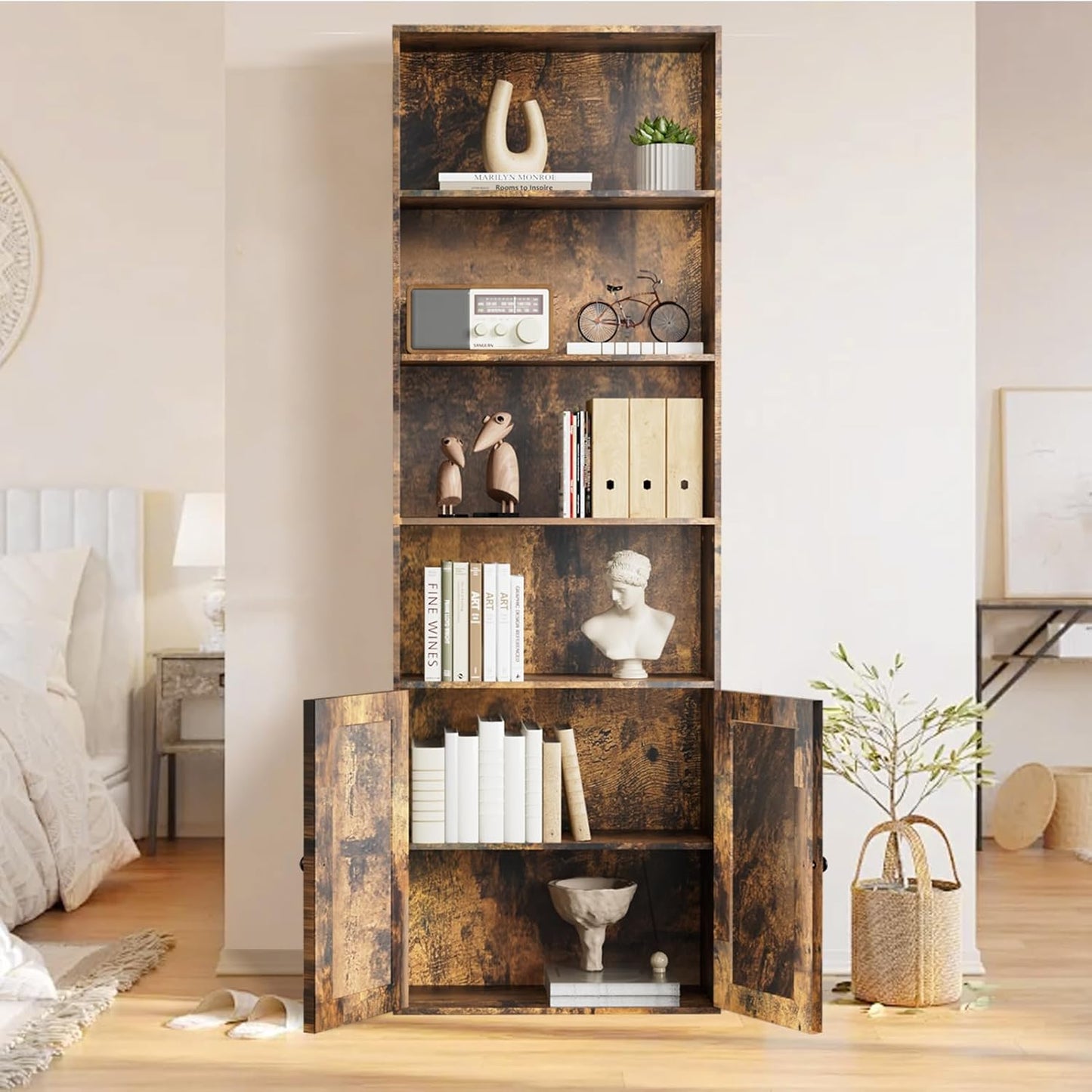 Tall Brown Wooden Bookshelf with Cabinet and Doors – 70.86" Bookcase with Doors, 6 Shelf Freestanding Tall Book Shelf for Living Room Storage, Bedroom, Home Office Organization – Brown Bookcase Wood