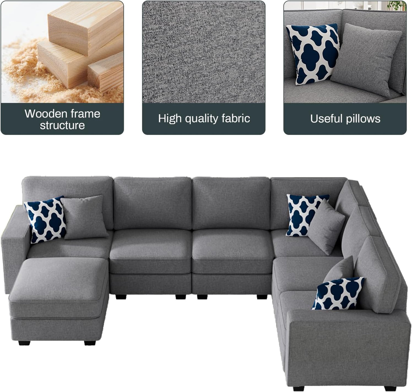 L Lengend Vansen Modular Sectional Sofa U Shaped Couch with Ottoman Modern Reversible Corner Sectional Couch for Living Room (Dark Grey, U Shaped Sofa-2)