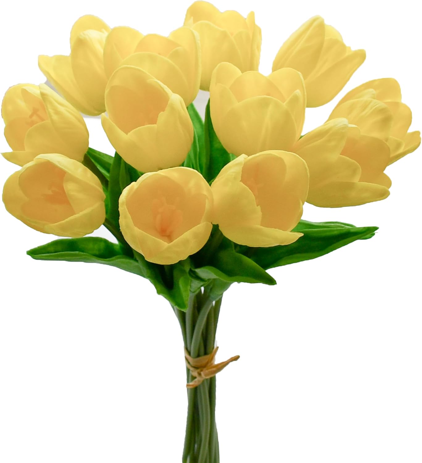 Mandy's Artificial Tulips 12 Stems Yellow Partially Open PU Faux Flowers for Wedding Home Decor 13.5 Inch