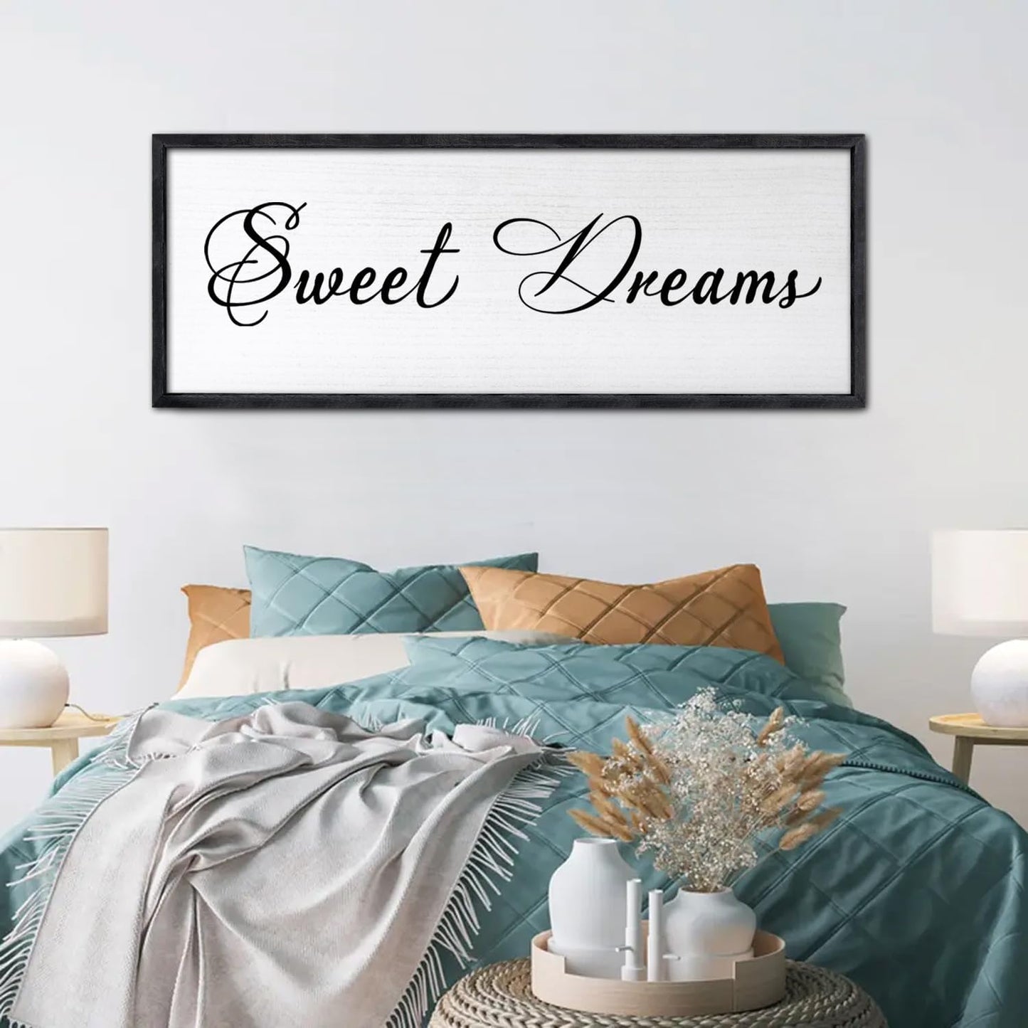 Sweet Dreams Wall Decor Above Bed 40x15 Inch Large Master Bedroom Hanging Wood Rustic Framed Farmhouse Sweet Dreams Sign Guest Room Aesthetic And Minimalist Over Bed Wall Art（Black）