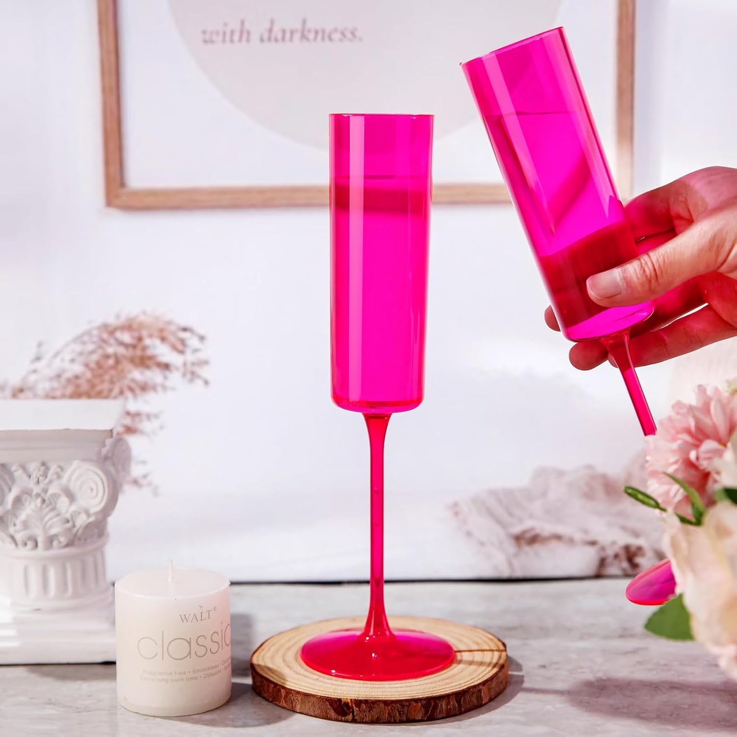 Ciaell 24 Pack Plastic Champagne Flutes - Hot Pink 6 Oz Disposable Champagne Glasses - Square Plastic Toasting Glasses for Party Birthday Anniversary Wedding