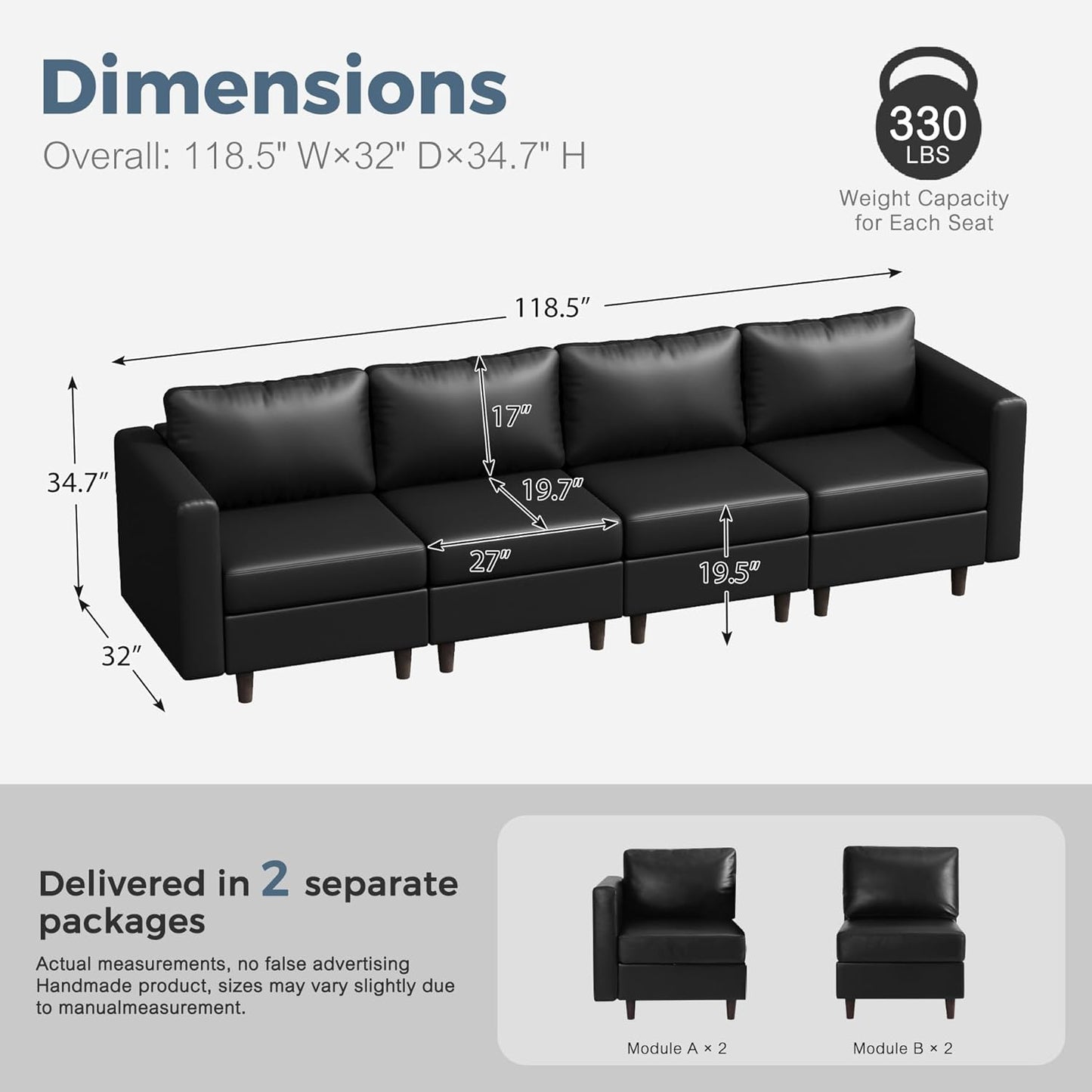 118.5" Faux Leather Modular Sectional Sofa with Storage Seat, Oversized 4 Seater Couch Deep Seat with Removable Cover Black