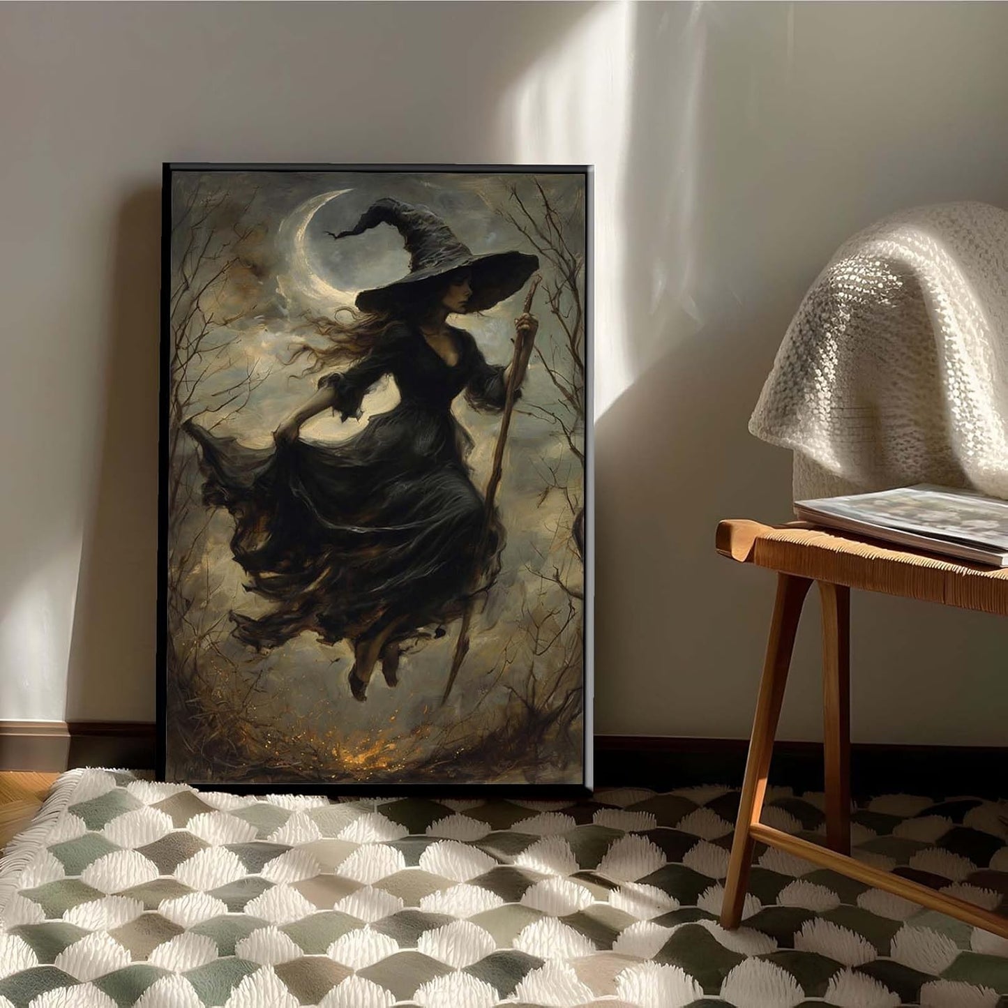 JFHCQJPK Witch in the Forest Halloween Print Wall Art Poster Witch Decor Vintage Print Dark College Wall Art Victorian Gothic Room Decor Canvas Wall Print12x16in Metal blackFramed