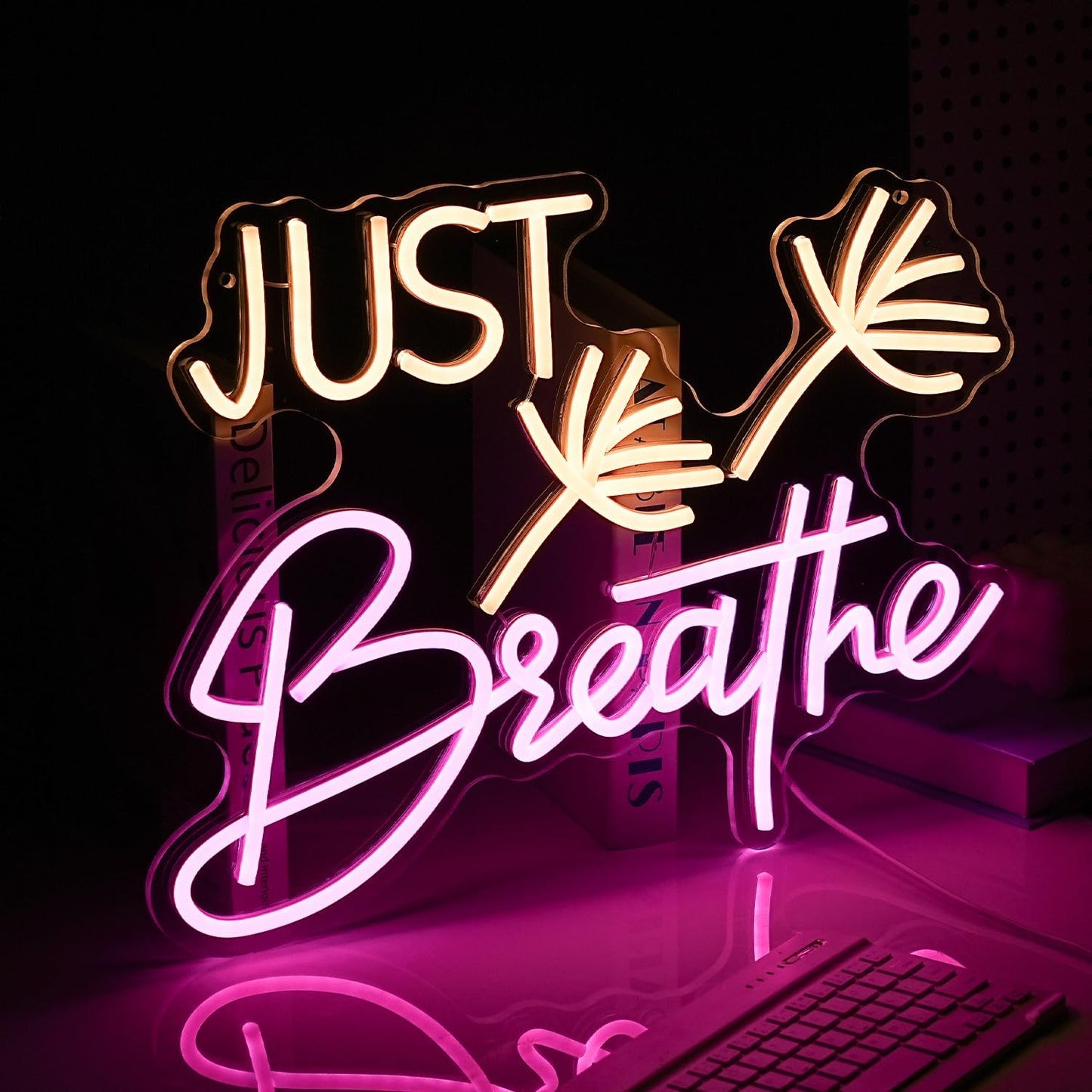 Just Breathe Neon Sign Dimmable Breathe Neon Signs Light Up Sign for Wall Decor LED Letters Neon Light by USB for Bedroom Yoga Studio Gym Reading Room(12.6 * 16.5In)