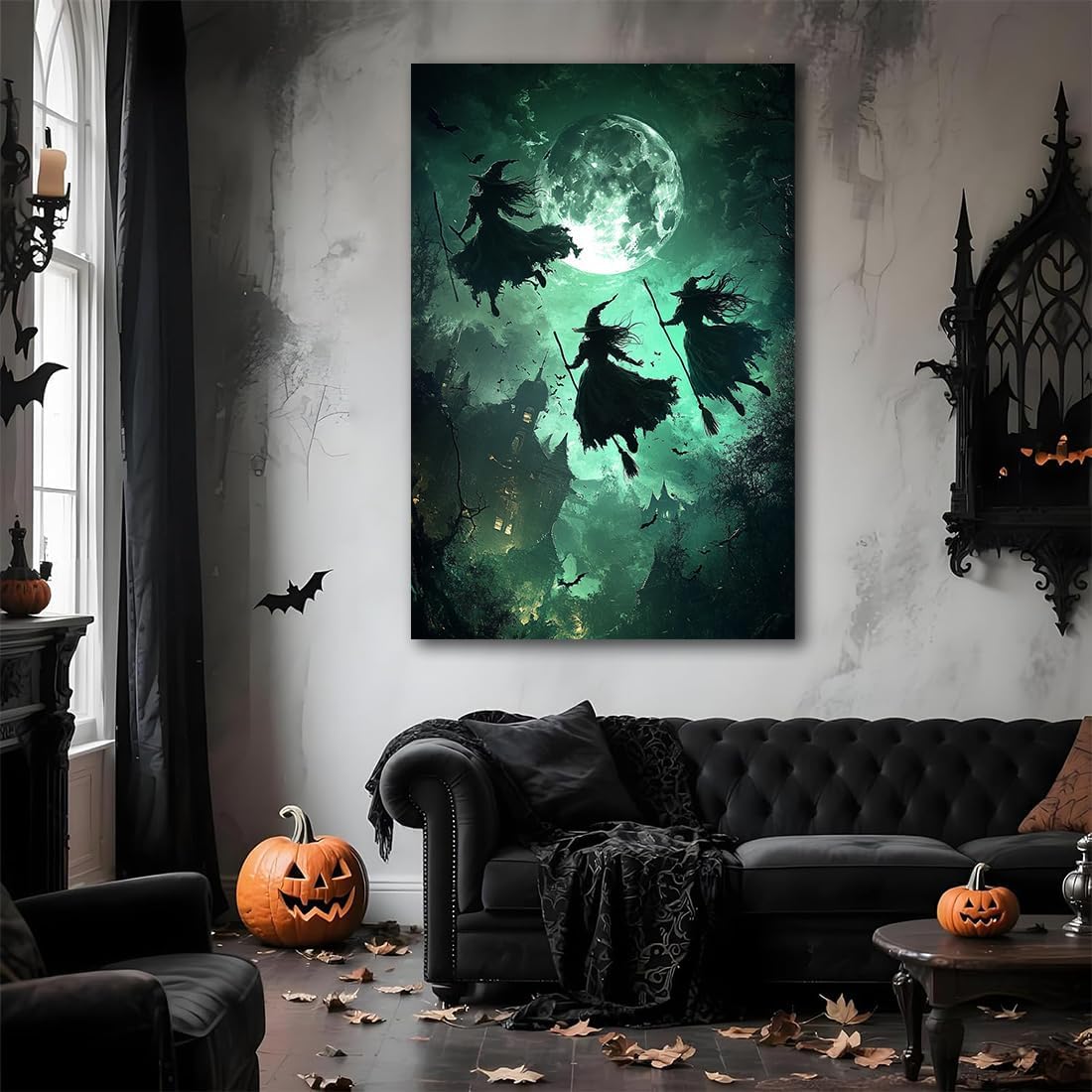 Flying Three Witches Halloween Canvas Wall Painting,Witches on Broom Under Full Moon Castle Victorian Decoration Haunted House Retro Poster for Living Room Bedroom Gallery,20"x30" Unframed