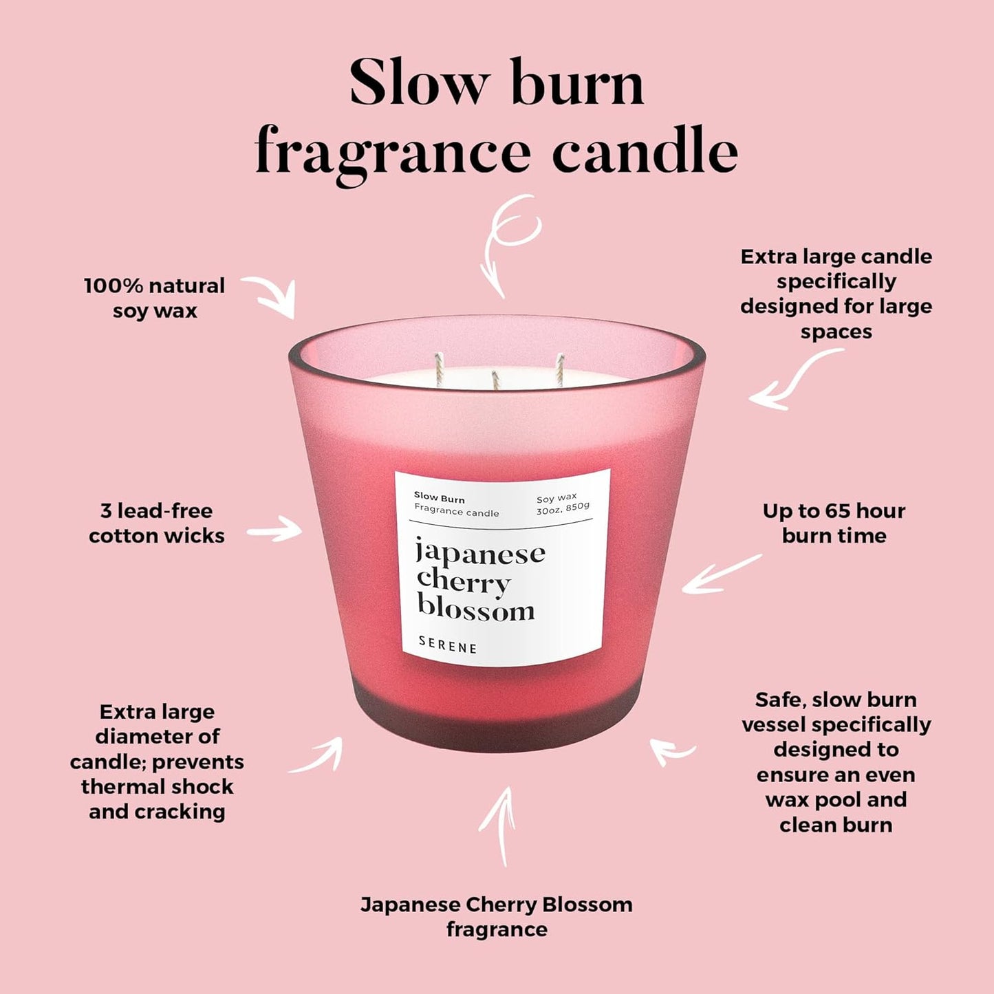 Hidden Label Large Scented Candle, Japanese Cherry Blossom, 30oz 3 Wick Huge Candle, Serene Collection Slow Burn Natural Soy Candles for Home Scented