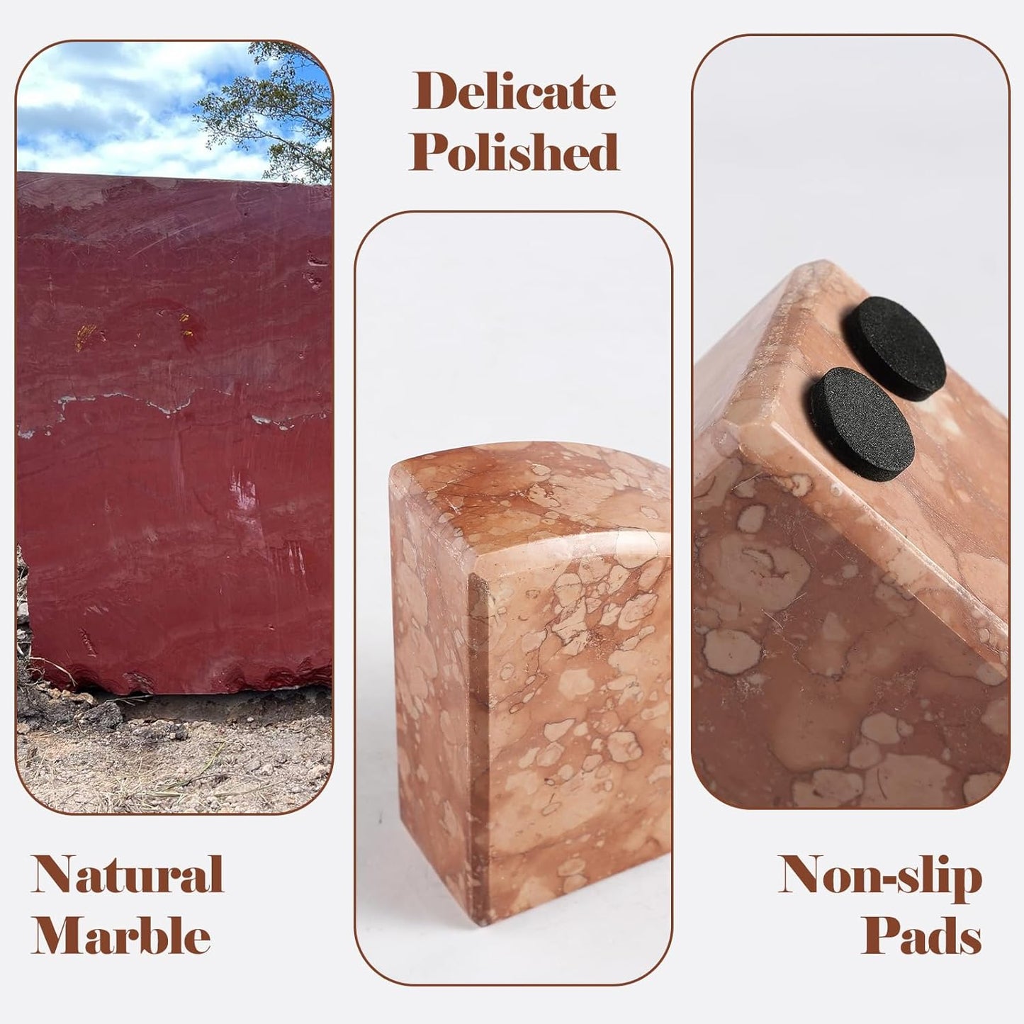 Marble Bookend for Shelves, Non-Skid Bookends for Heavy Books, Heavy Duty Book Stopper for CDs, Luxury Book Shelf Holder, Quarter Circle Design Book Ends Decorative, Perlino Rosato, Set of 2