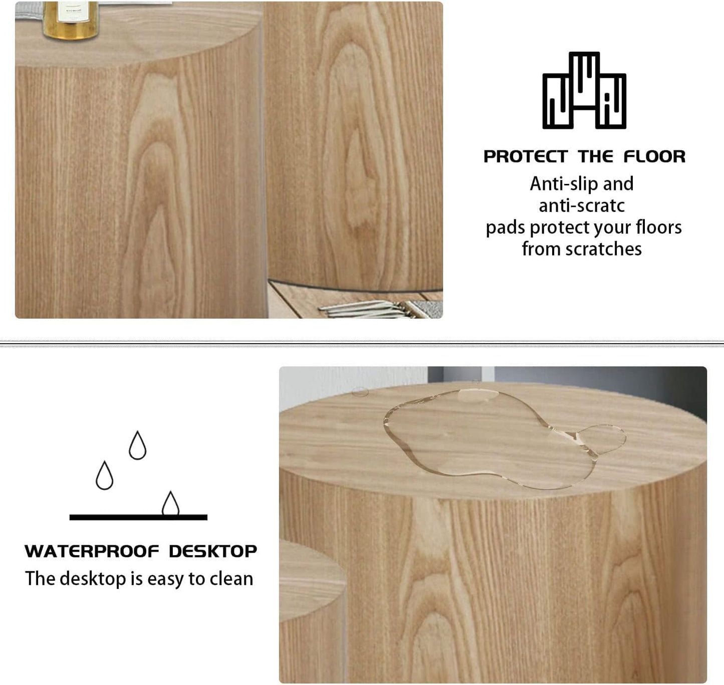 Nesting Coffee Table Set of 2, Modern Round Coffee Table with Non-Slip Feet, Oak Wooden Circle Accent Tables for Small Spaces Living Room Bedroom Balcony Office Drum Side Table