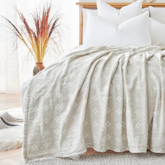 jinchan Boho 100% Cotton Blanket Muslin Twin Size 60x80 Inches Lightweight 3-Layer Geometric Cross Pattern Reversible Quilt Throw Soft Breathable Comfy All Seasons for Couch Bed Decor, Light Grey